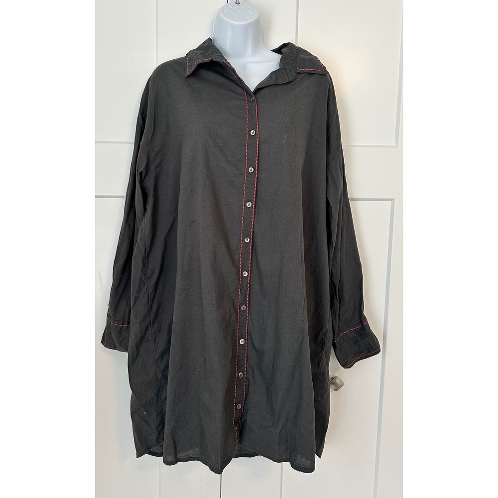 Natural Life Dark Gray Cotton Button Down Shirt Dress Star Elbow Patch L/XL